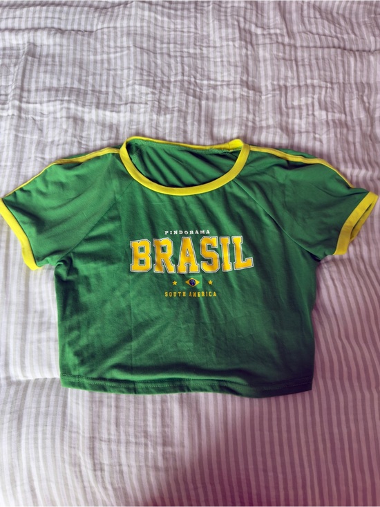 Tops - Brasil Green & Yellow Ringer Kids Crop Tee